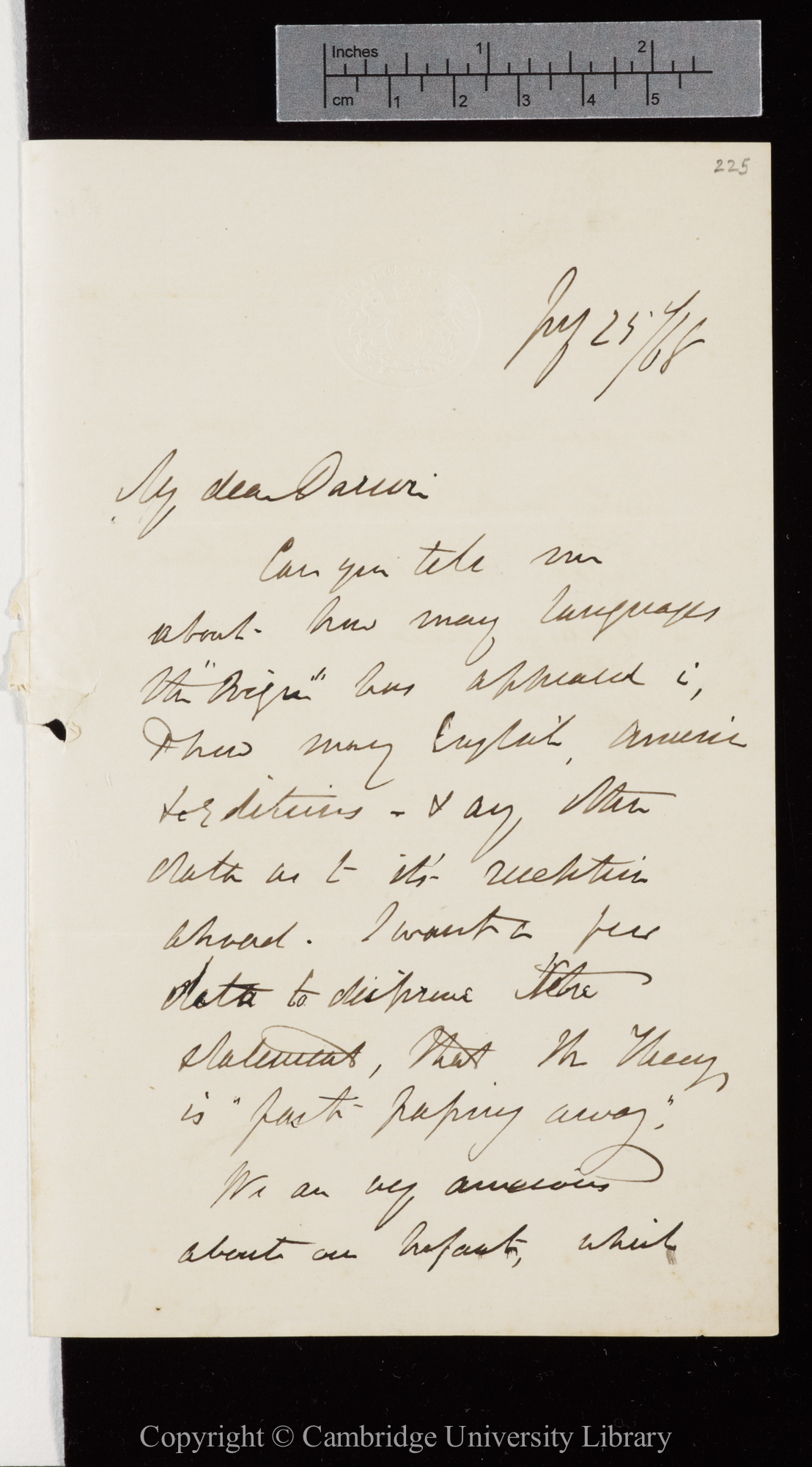 Letter from J. D. Hooker to C. R. Darwin   25 July 1868