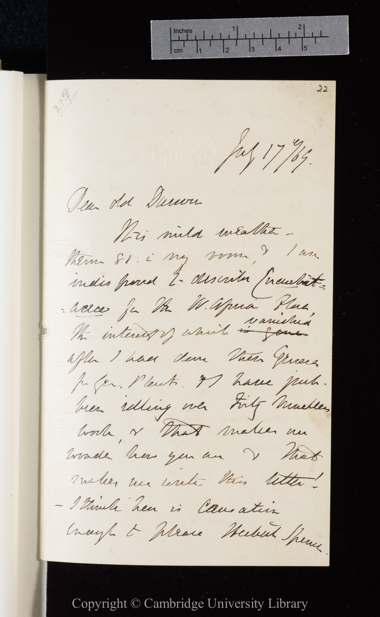 Letter from J. D. Hooker to C. R. Darwin   17 July 1869