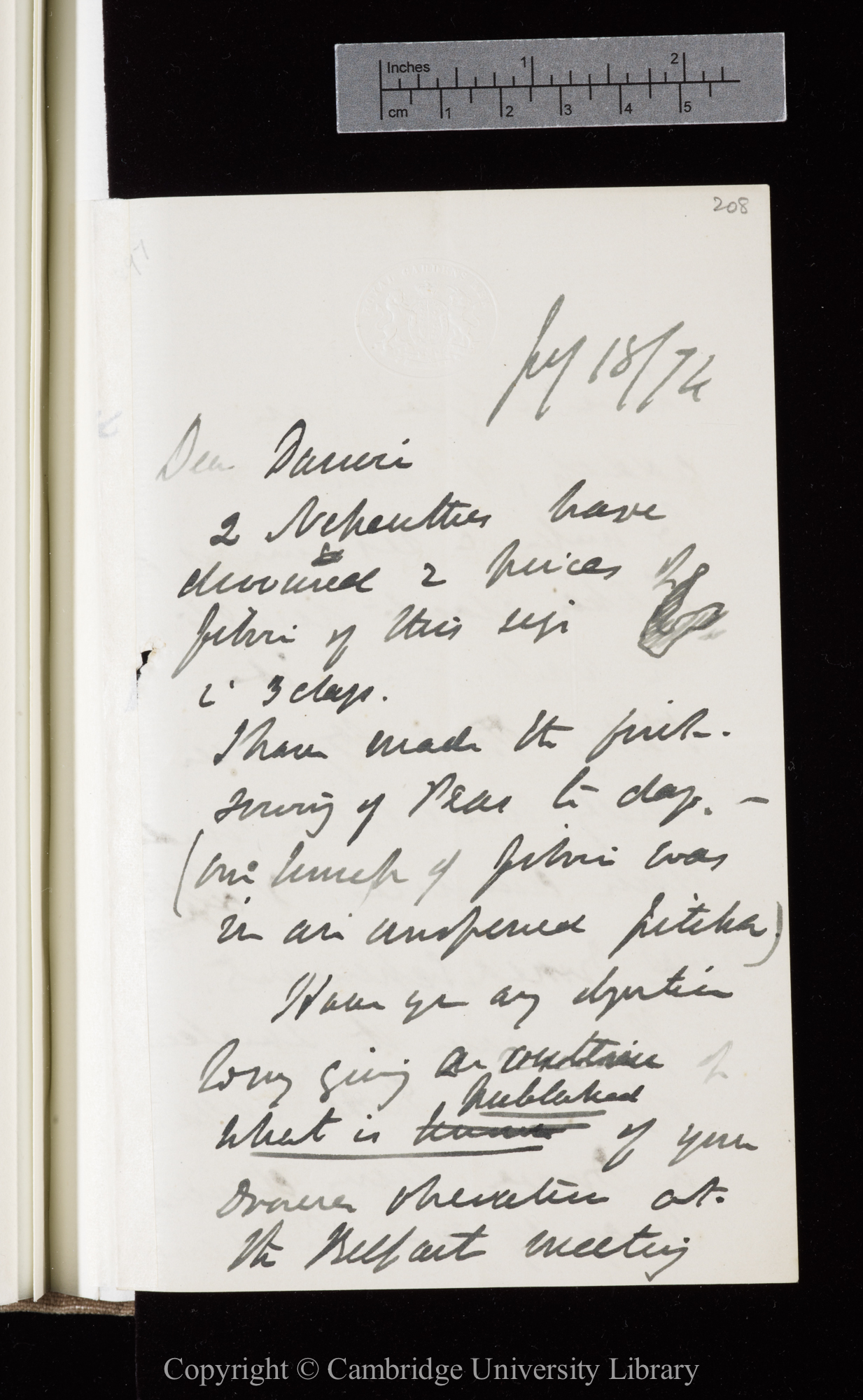 Letter from J. D. Hooker to C. R. Darwin   18 July 1874