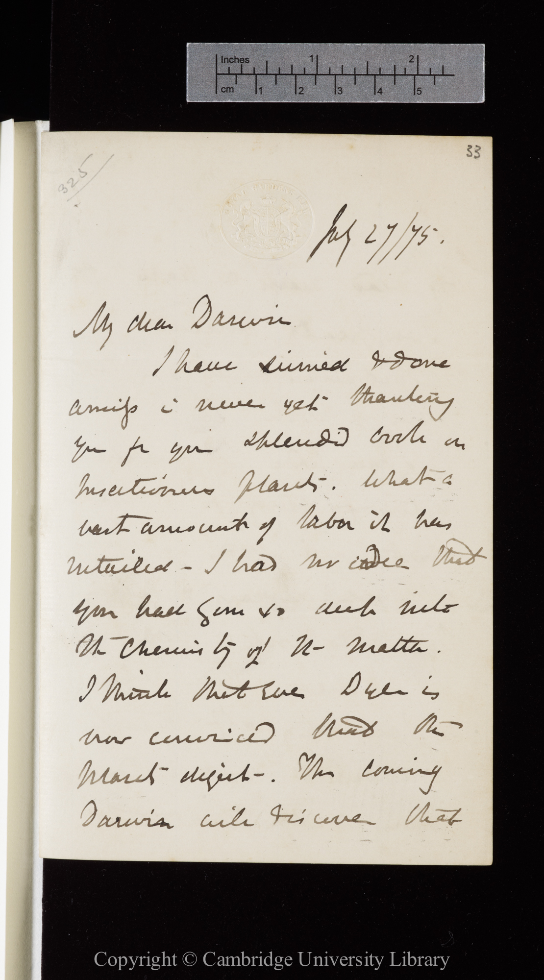 Letter from J. D. Hooker to C. R. Darwin   27 July 1875