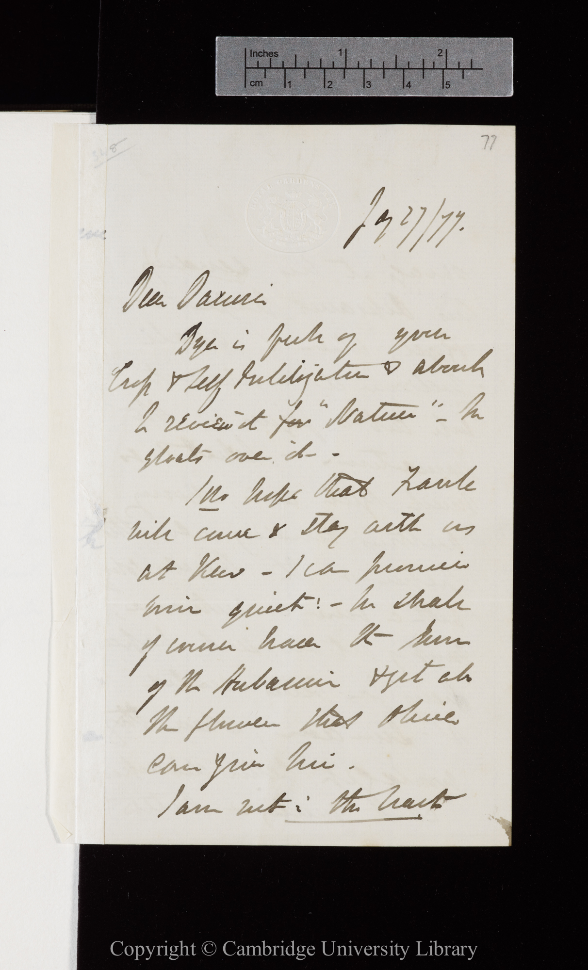 Letter from J. D. Hooker to C. R. Darwin   27 January 1877