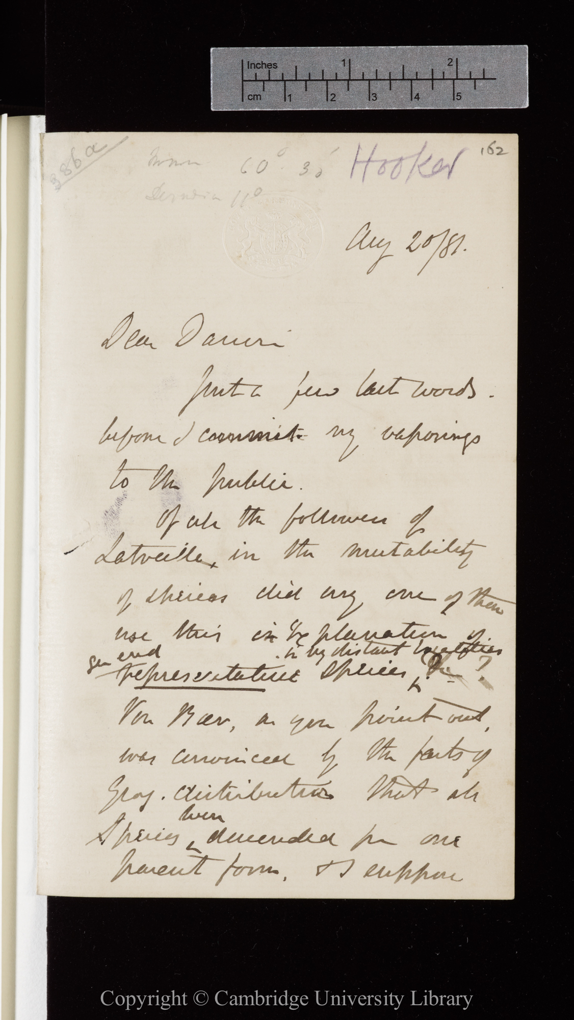 Letter from J. D. Hooker to C. R. Darwin   20 August 1881