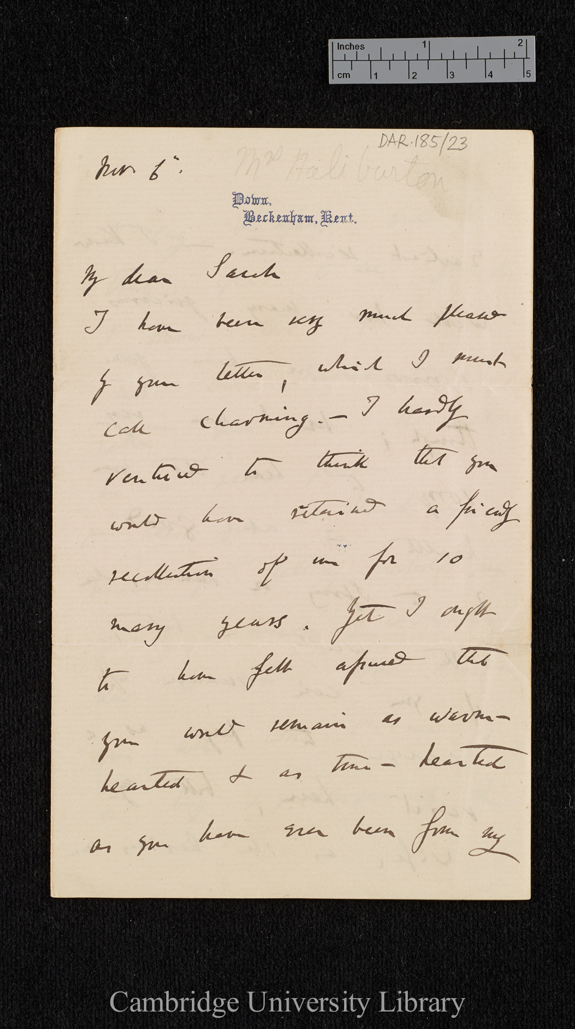 Charles Robert Darwin to Haliburton S H once Williams née Owen