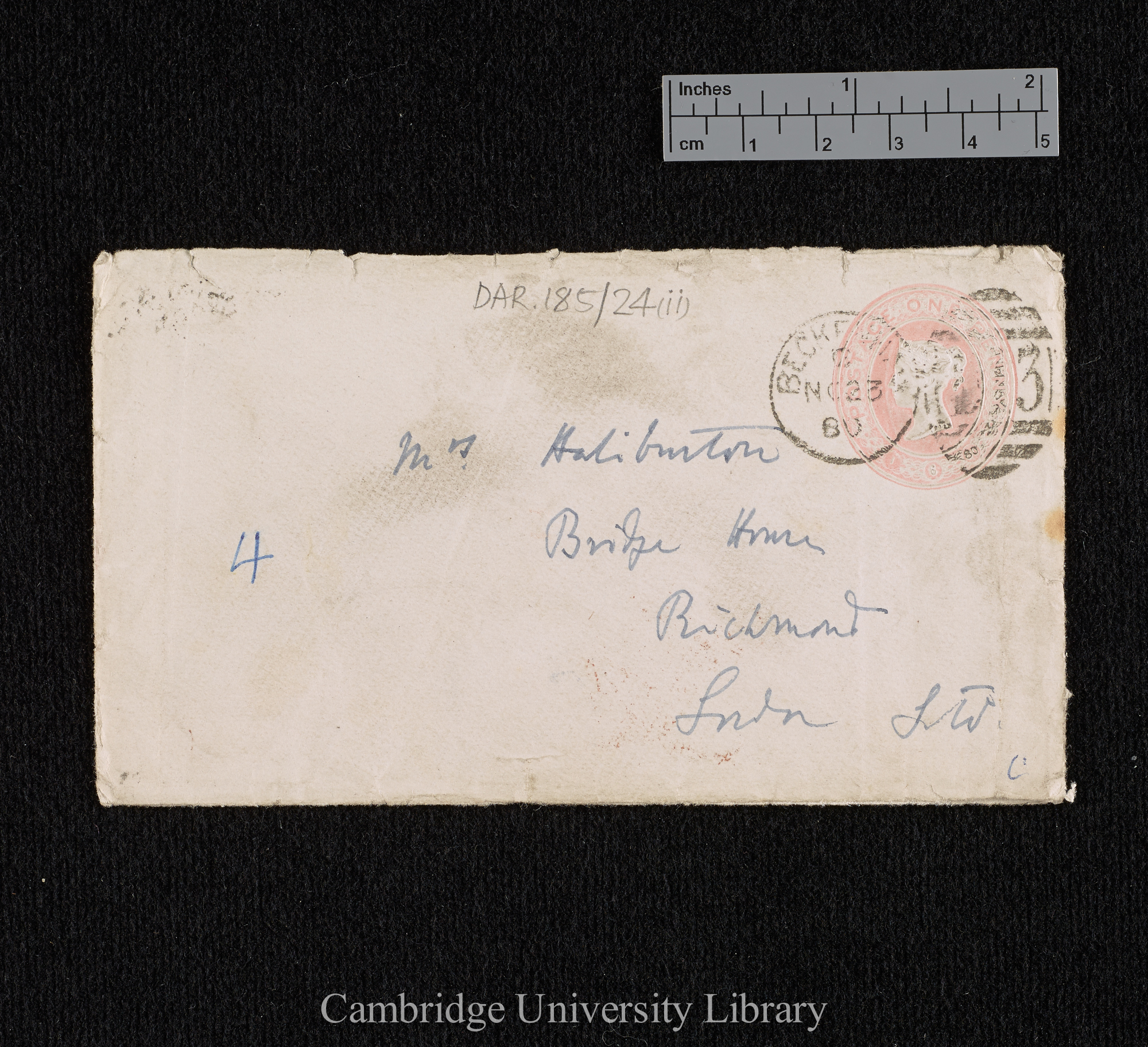 Charles Robert Darwin to Haliburton S H once Williams née Owen [envelope]