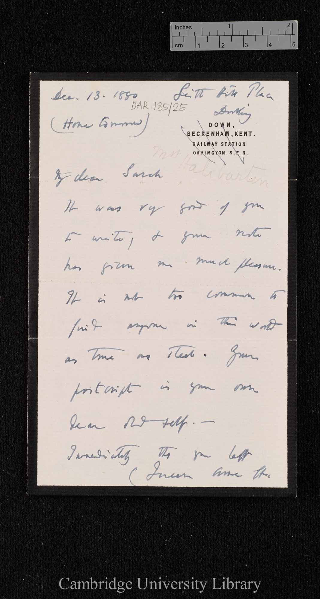 Charles Robert Darwin to Haliburton S H once Williams née Owen