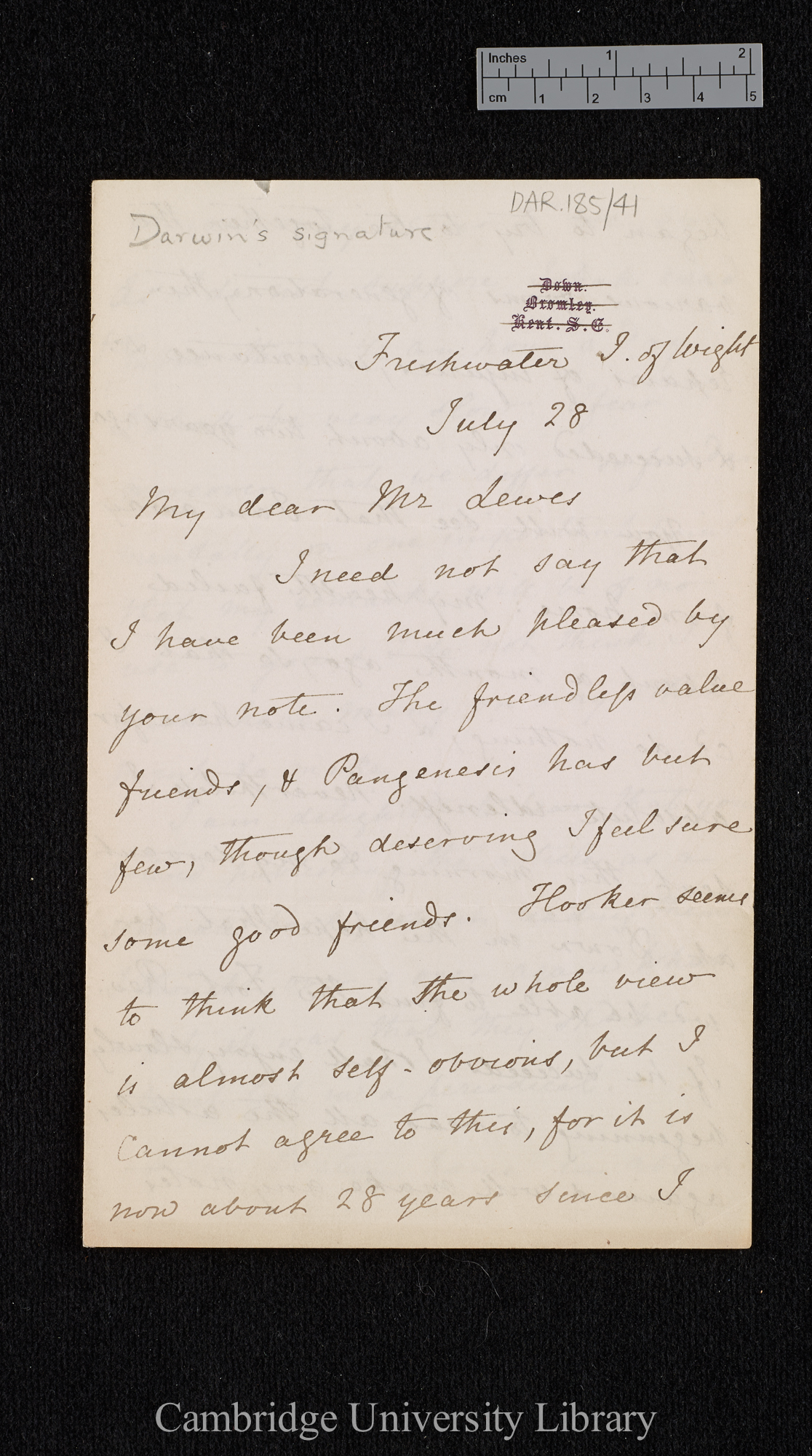 Charles Robert Darwin to George Henry Lewes