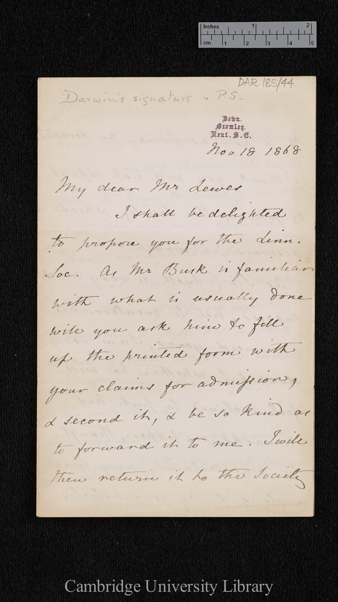 Charles Robert Darwin to George Henry Lewes