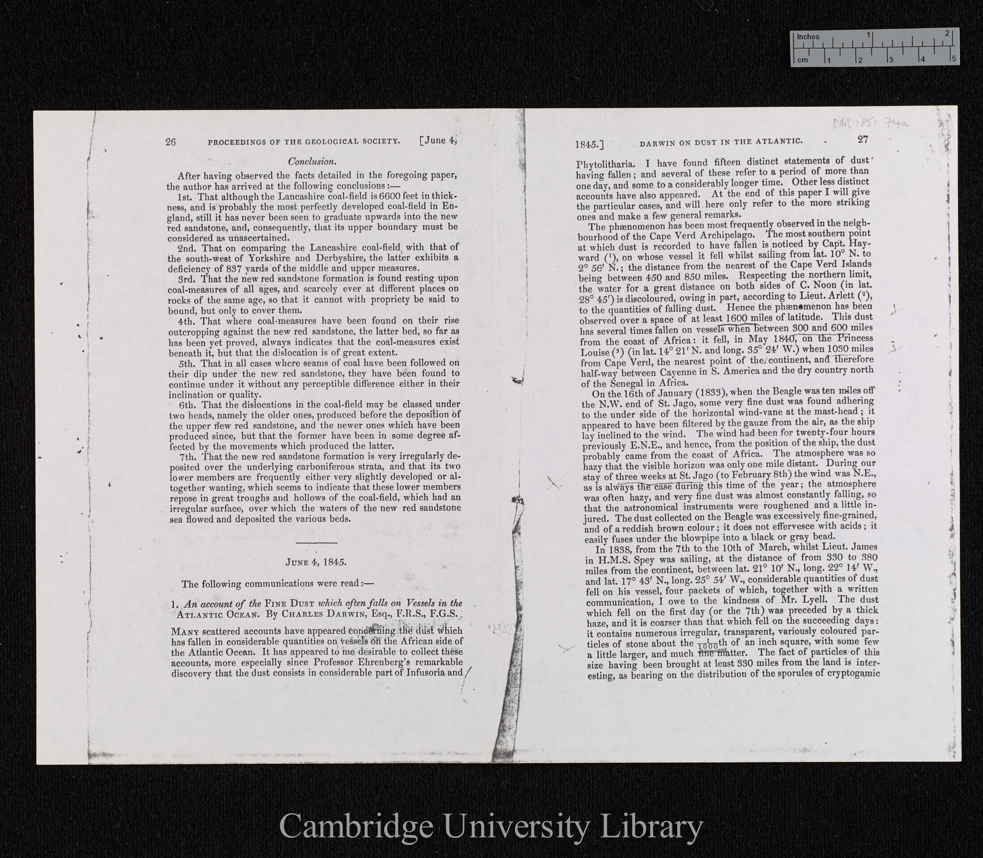 An account of the fine dust which often falls on vessels in the Atlantic Ocean &#39;Geological Society  Proceedings&#39;: 26-27