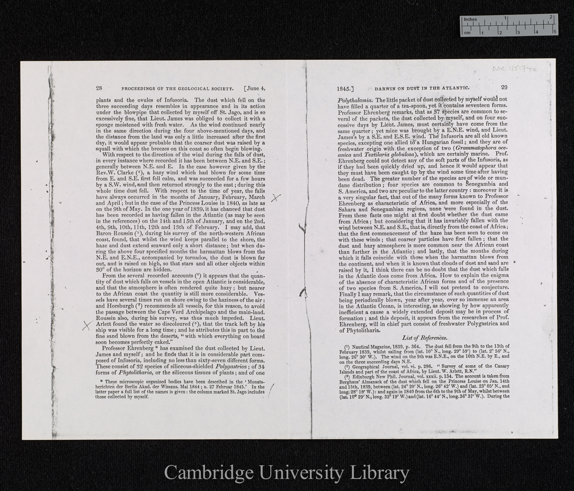 An account of the fine dust which often falls on vessels in the Atlantic Ocean &#39;Geological Society  Proceedings&#39;: 28-29