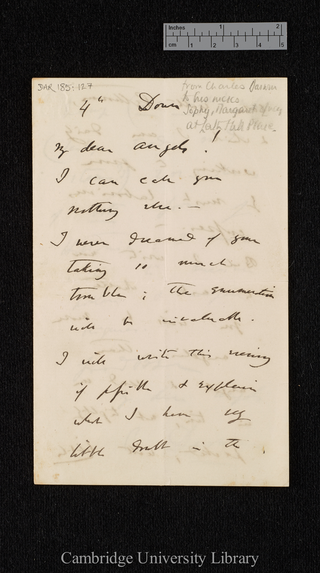 Charles Robert Darwin to [(Katherine Elizabeth) Sophy Wedgwood  M Vaughan Williams née Wedgwood and Lucy Caroline Hamilton née Wedgwood]