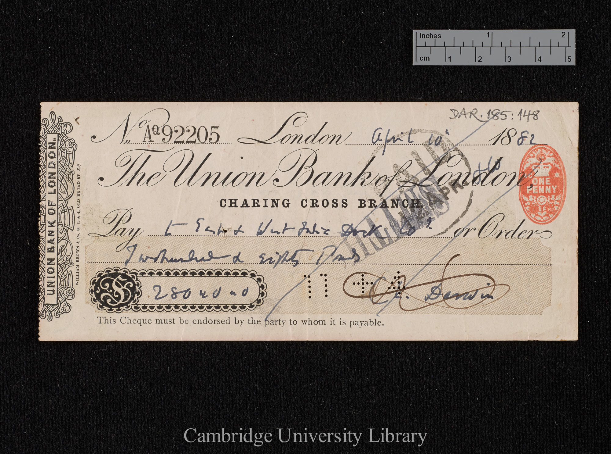 Cheque from Union Bank of London (front)