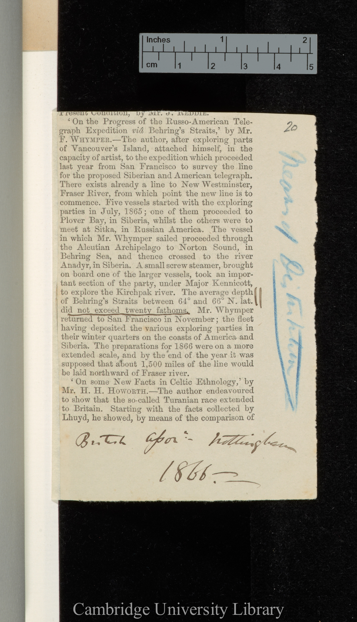 On the progress of the Russo-American telegraph expedition via Behring&#39;s Straits &#39;Athenaeum?&#39;