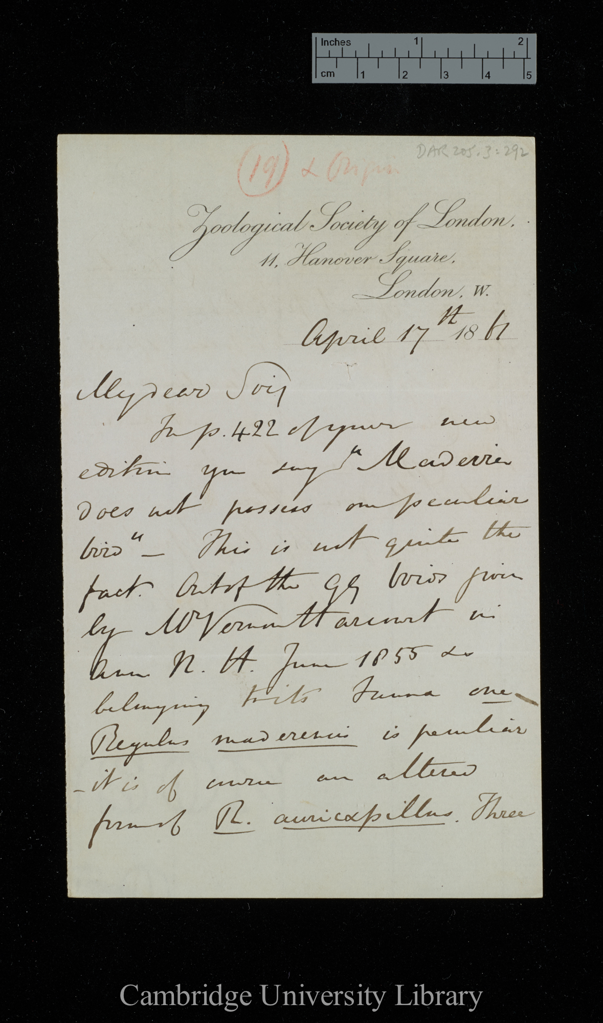 Philip Lutley Sclater to Charles Robert Darwin