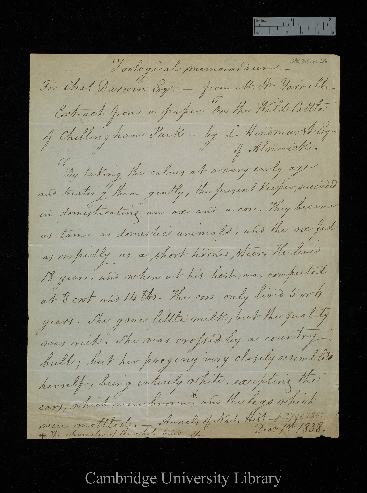 William Yarrell to Charles Robert Darwin