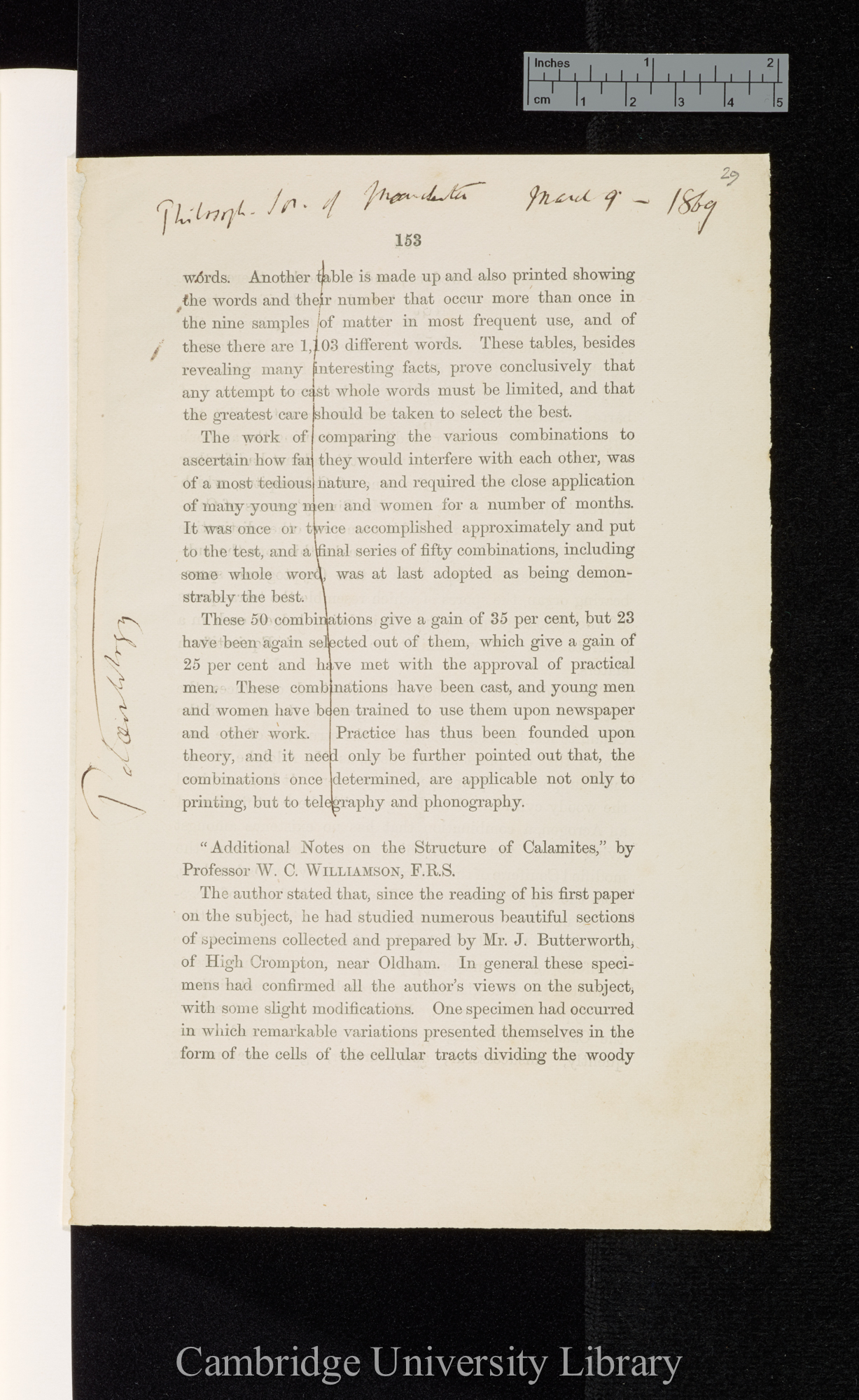 Williamson, William Crawford. Additional notes on the structure of Calamites &#39;(Manchester) Philosophical Society, Proceedings&#39; 8: 153