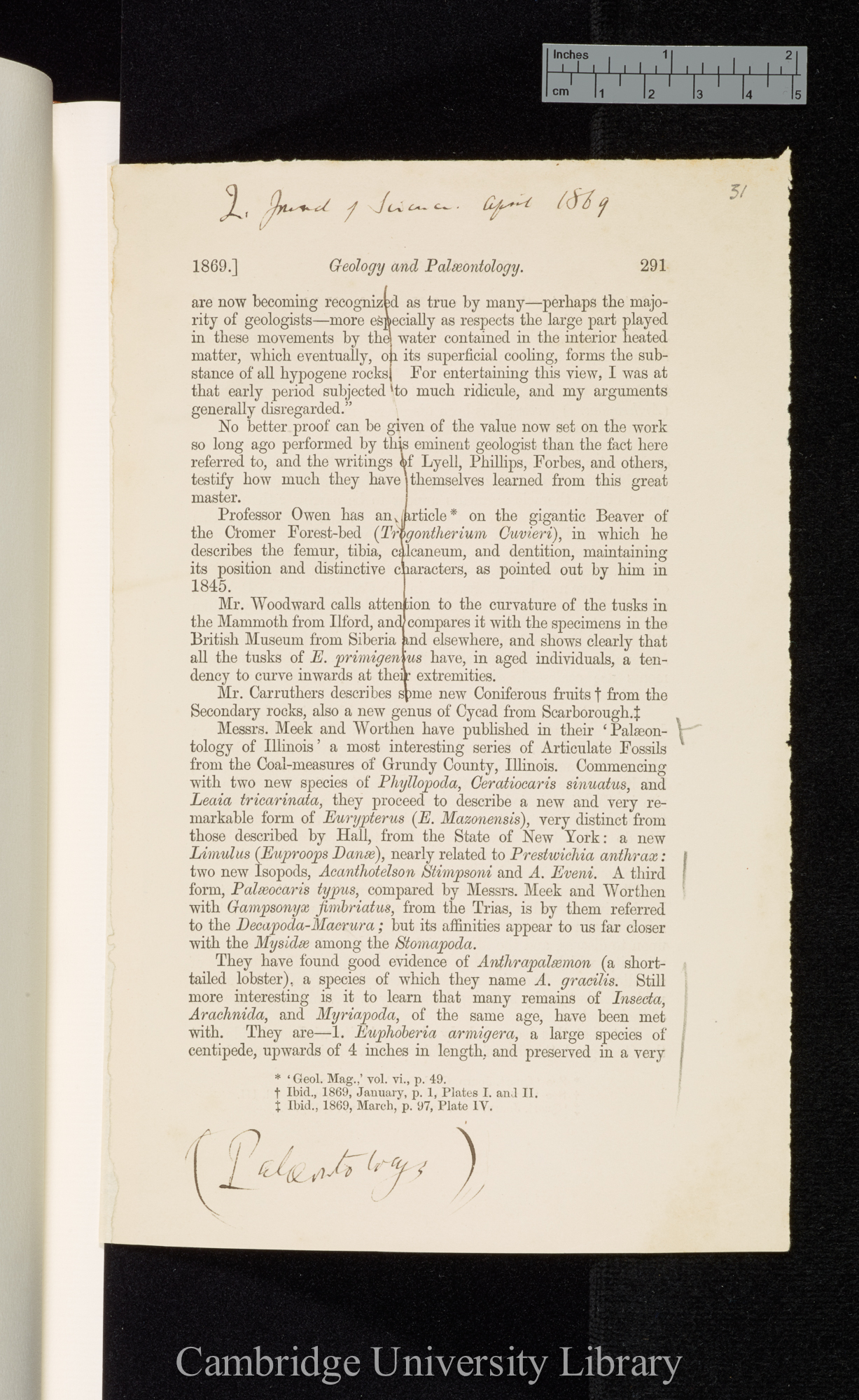 Review of Meek F B and Worthen A H &#39;Palaeontology of Illinois&#39; &#39;Quarterly Journal of Science&#39; 6: 291