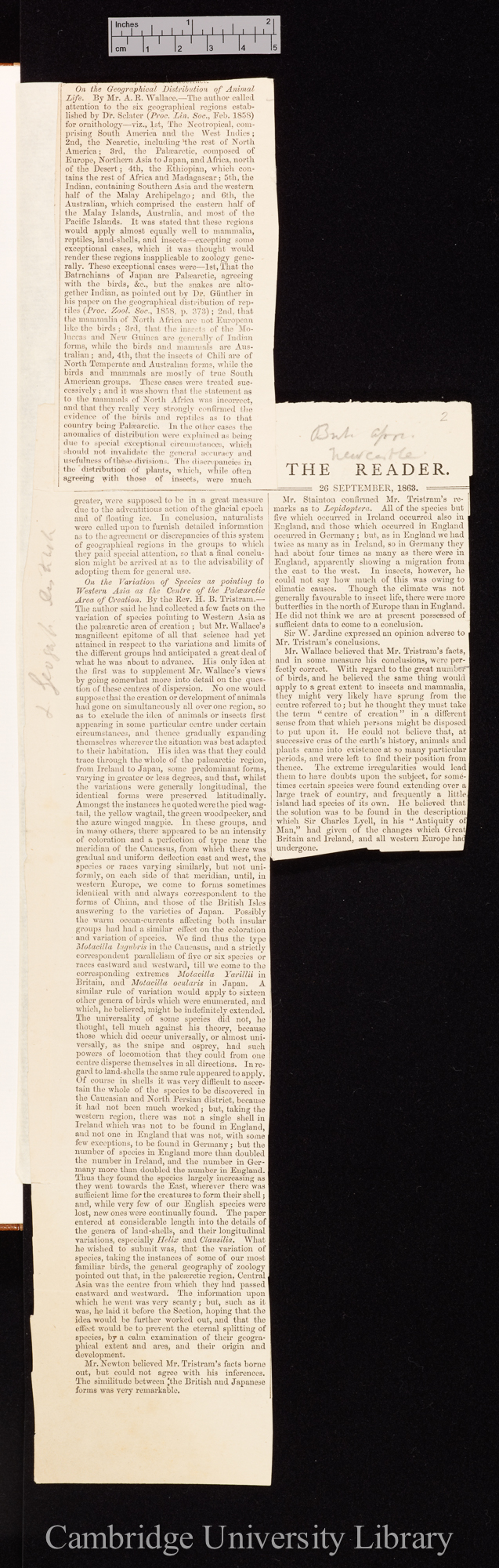 Tristram H B. On the variation of species: 353; and Wallace, A R. On the geographical distribution of animal life: 352-353 &#39;Reader&#39; 2: [352-353]