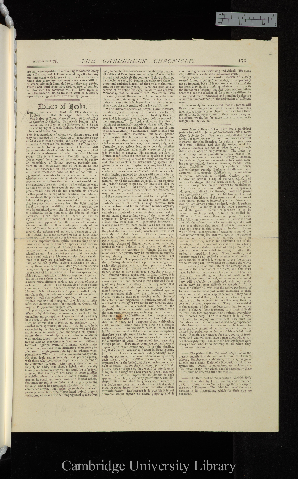 Review of Jordan A &#39;Remarques sur le fait de l&#39;existence en société à l&#39;état sauvage, des espèces végétales affines&#39; &#39;Gardeners&#39; Chronicle&#39;: 171