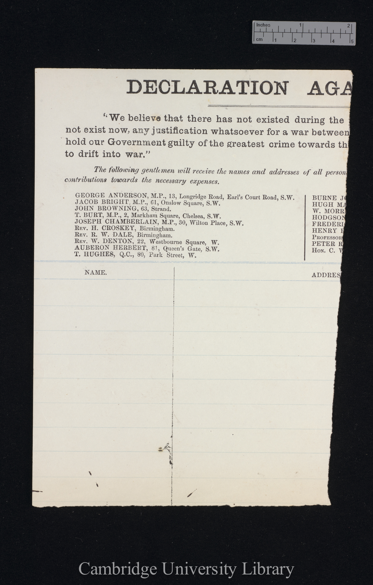 [part of printed petition &#39;Declaration against war&#39;]