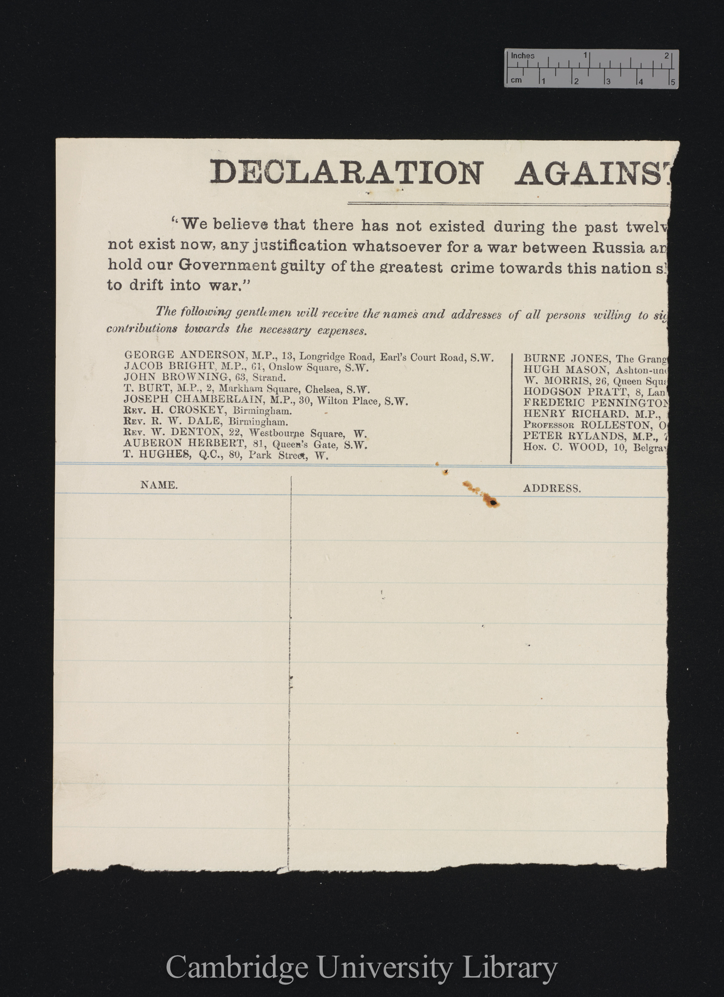 [part of printed petition &#39;Declaration against war&#39;]