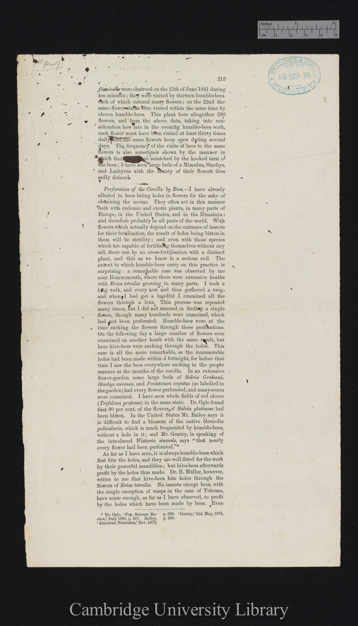 proof sheet of &#39;Fertilisation&#39; p 213, dated 16 September 1876 [published pp 425-426]