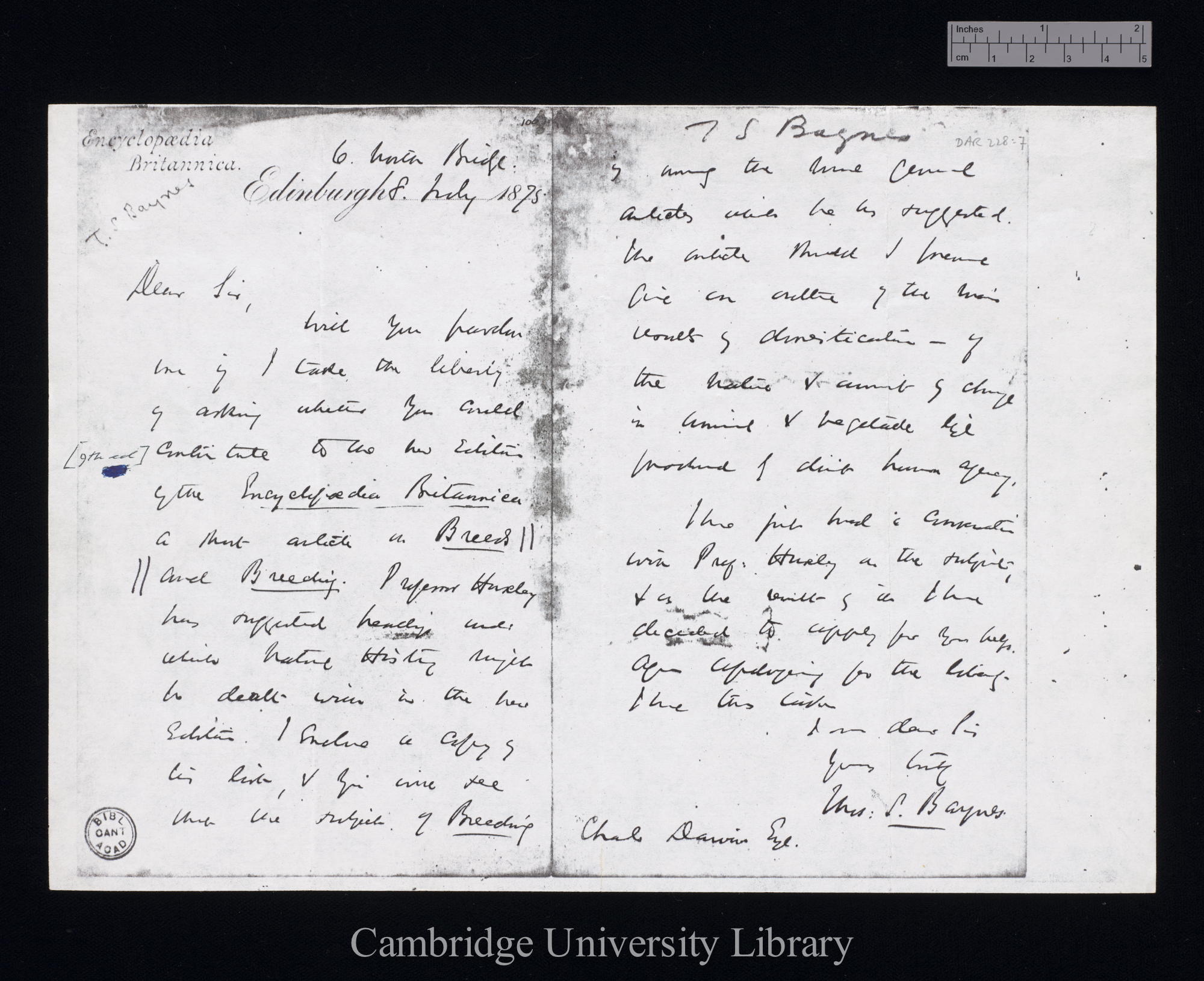 Letter from Thomas Spencer Baynes to Charles Robert Darwin; written at &#39;Encyclopaedia Britannica&#39;, Edinburgh