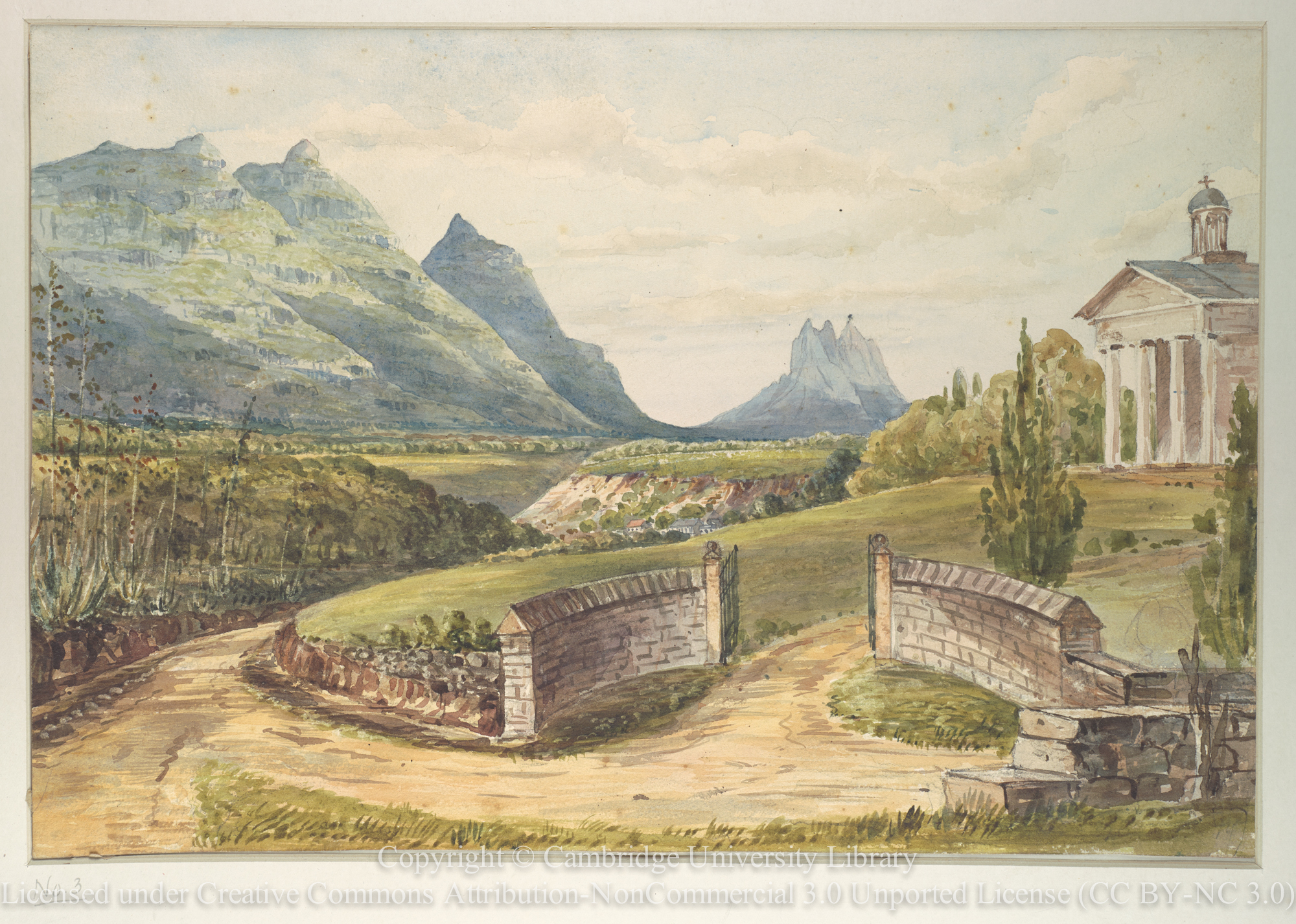 The Moka church, Mauritius, Peterbotte mountain in the distance 1855