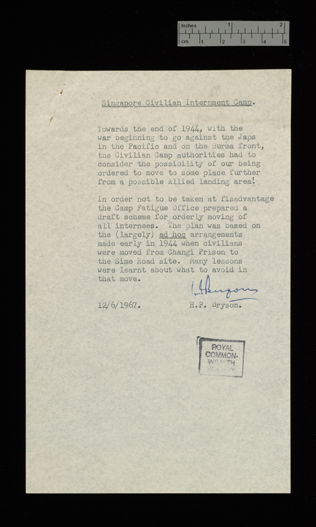 Letters concerning Changi and Sime Road civilian internment camps