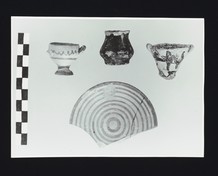 50-184 kylix, 50-185 jar, 50-287 two-handled goblet, 50-314 saucer, Tsountas House, Shrine, LH III