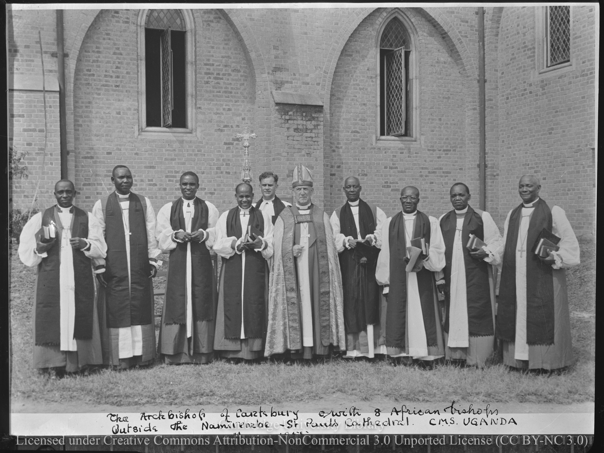 Archbishop with eight African bishops outside Namirembe Cathedral, 1955-05