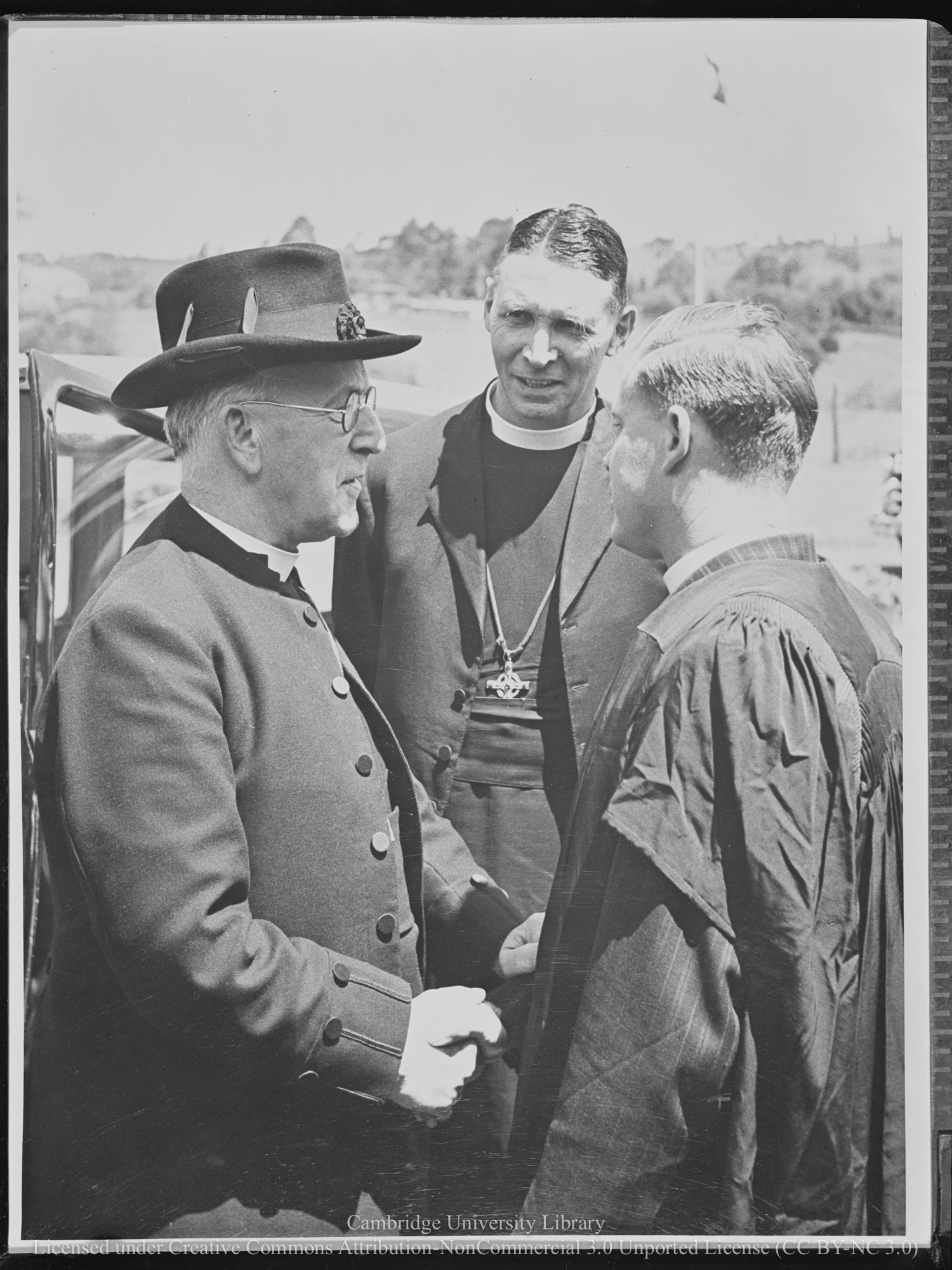 Dr Fisher with Bishop Beecher and the Principal of St. Paul&#39;s College, near Limuru, Rev. Keith Cole, 1955