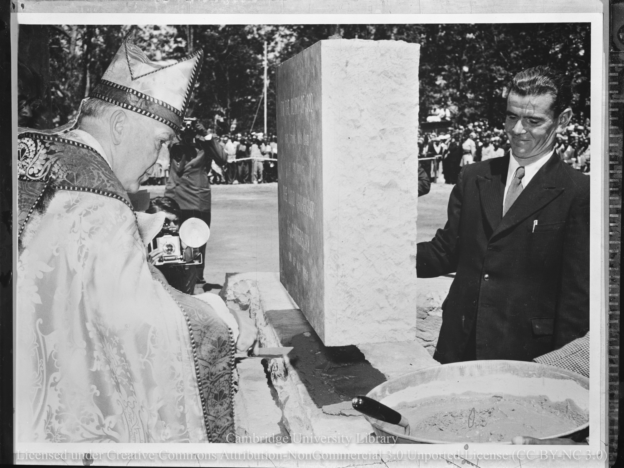 Dr Fisher laying the foundation stone of the Fort Hall Memorial Church, 1955