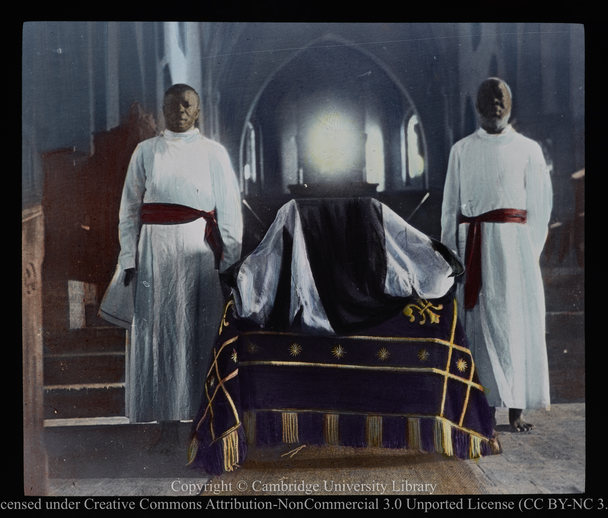Canons Apolo Kivebulaya and Mudeka with Alexander Mackay&#39;s coffin before re-interment at Namirembe in 1927, 1927
