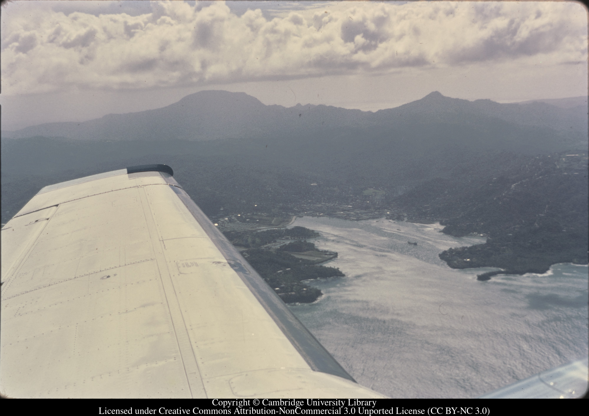 Castries from the air flying into Vigie, 1971-02