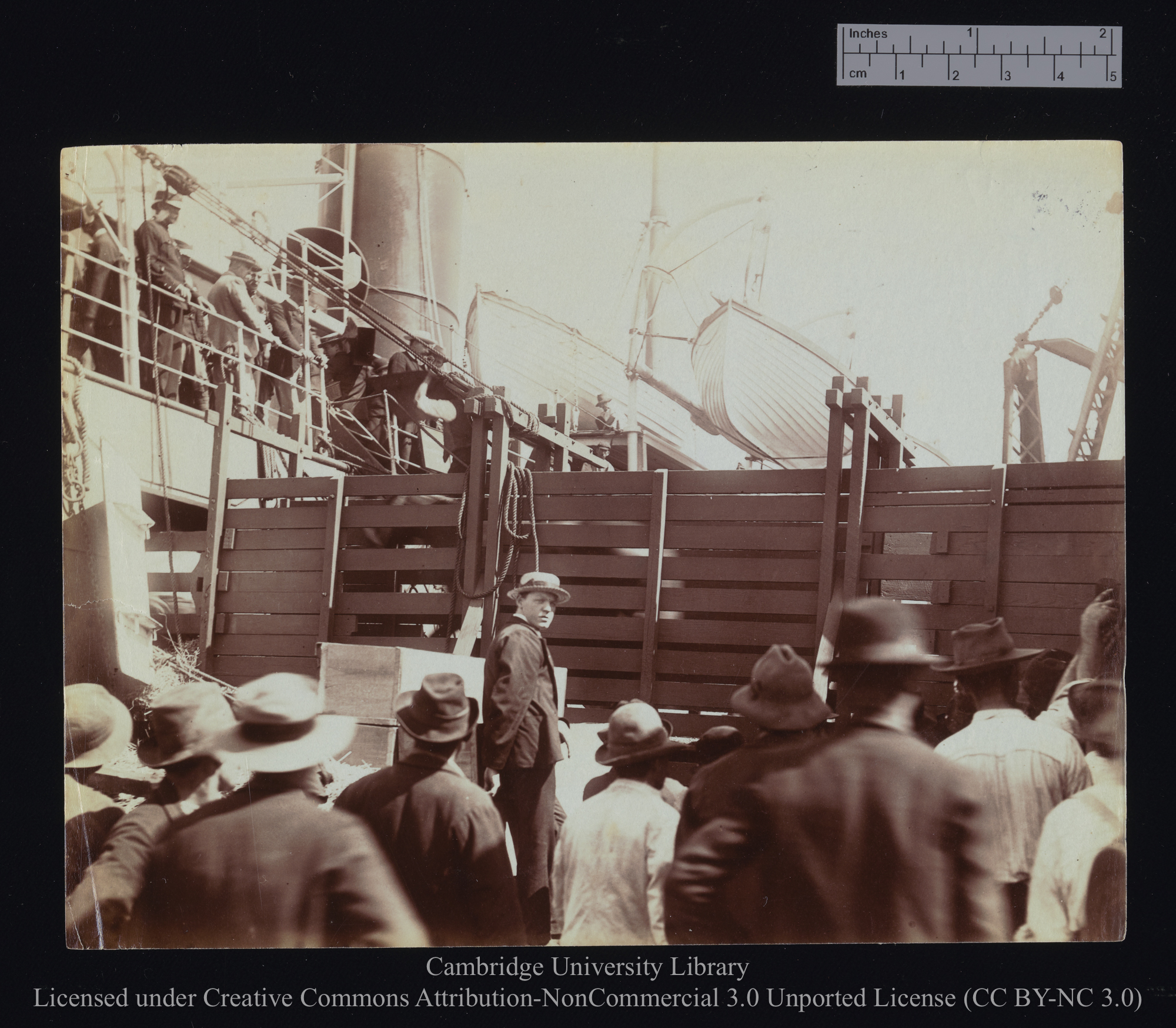 [Closer view of the gangway showing the ship], 1899 - 1901