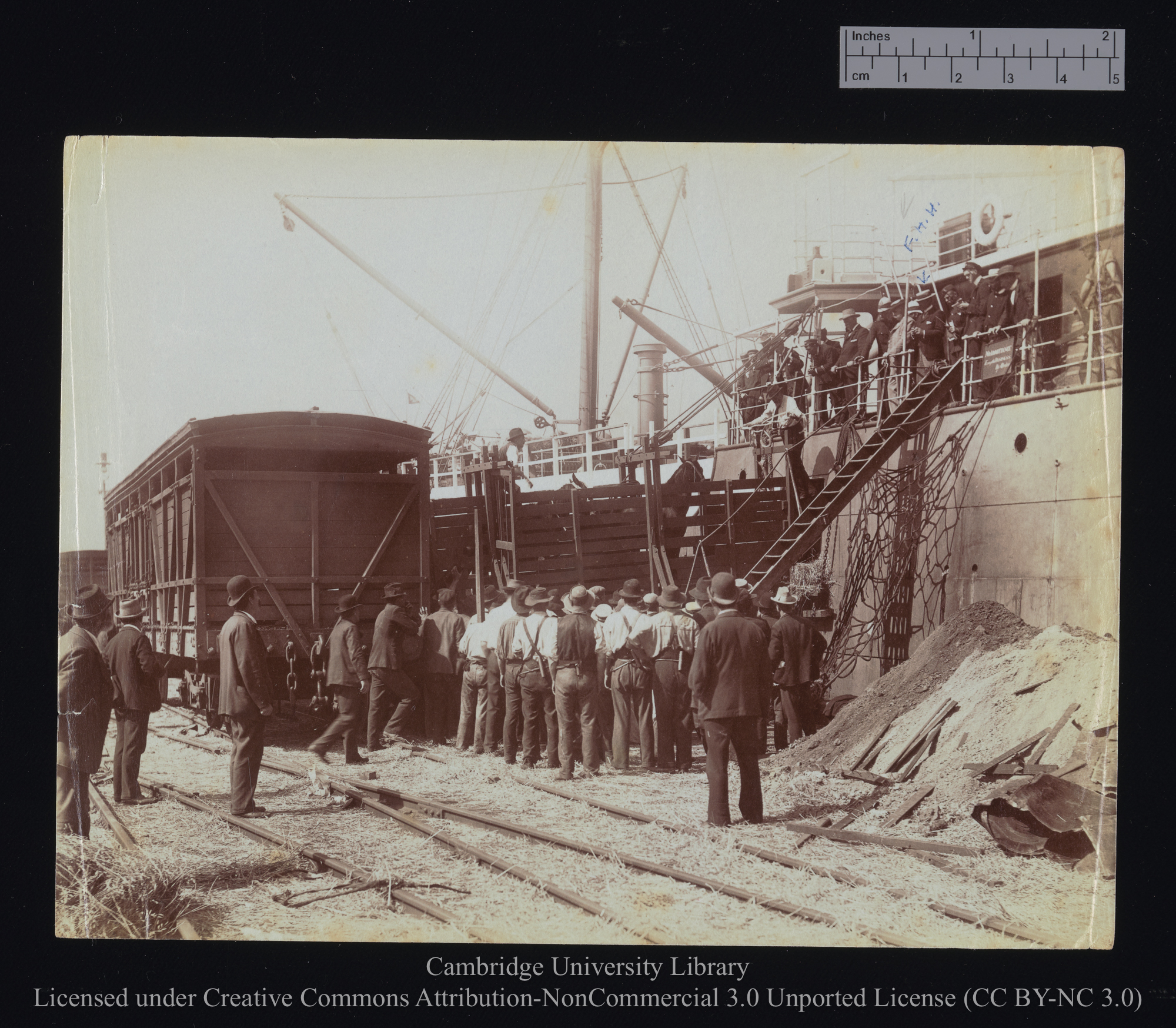 [Opposite view of the gangway. Man marked FHH on deck], 1899 - 1901