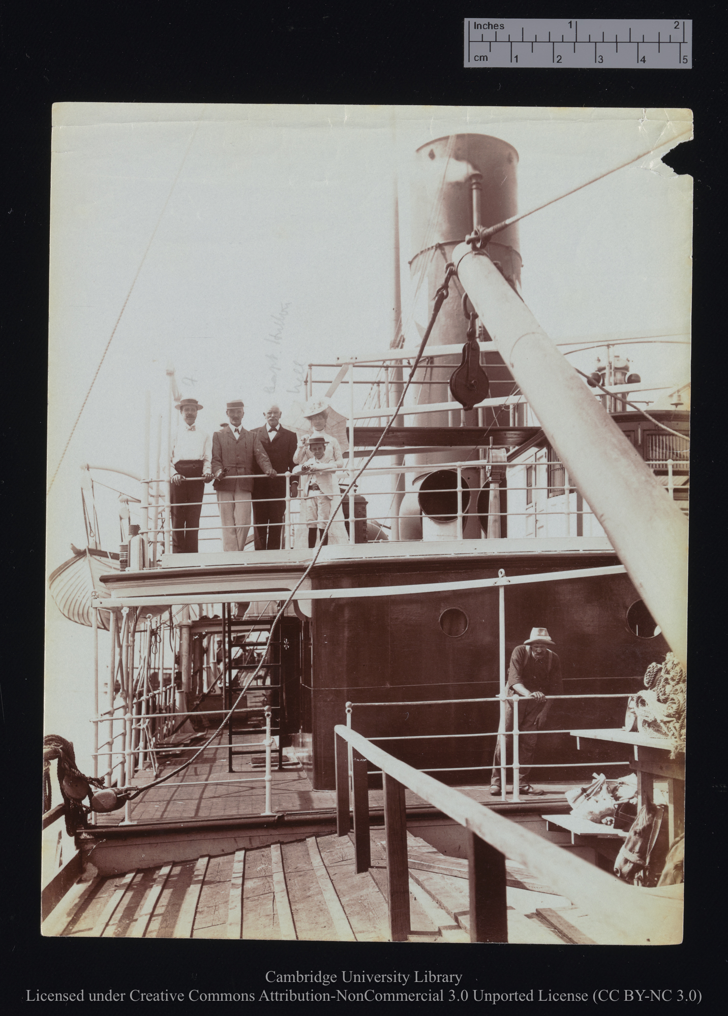 [Group of people on the upper deck of a ship, with a funnel apparently marked with the Houlder symbol], 1899 - 1901