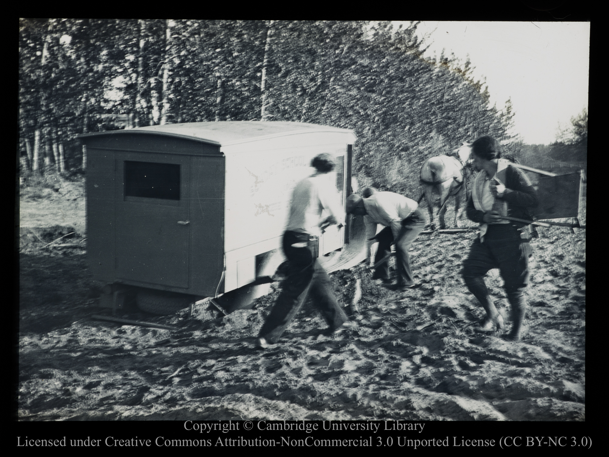 [Hauling a van from the mud with a horse], 1910 - 1930