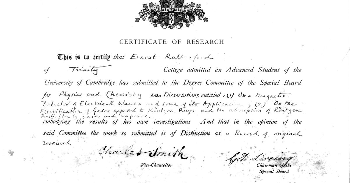 Cavendish Laboratory : Rutherford's certificate of research from ...